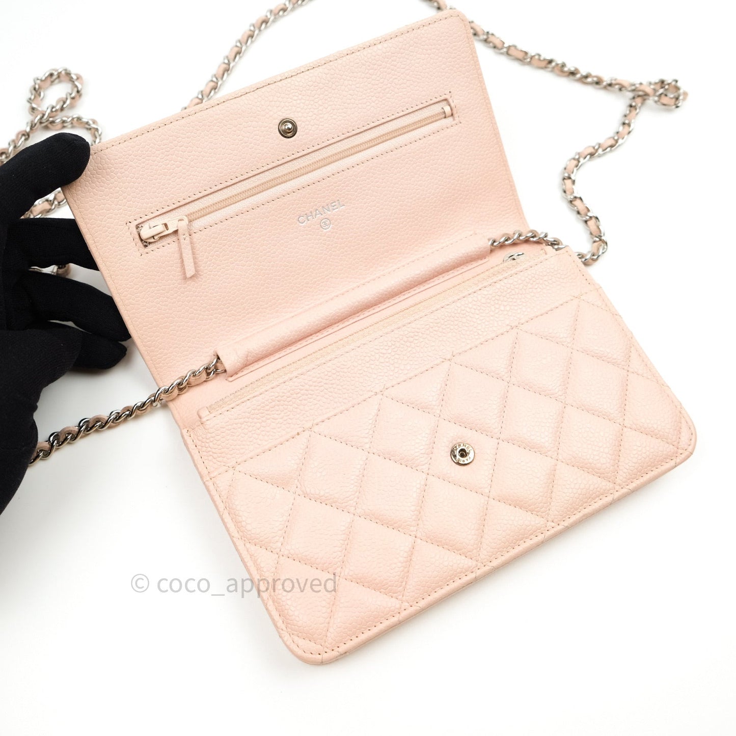 Chanel Quilted Wallet on Chain WOC Baby Pink Caviar Silver Hardware