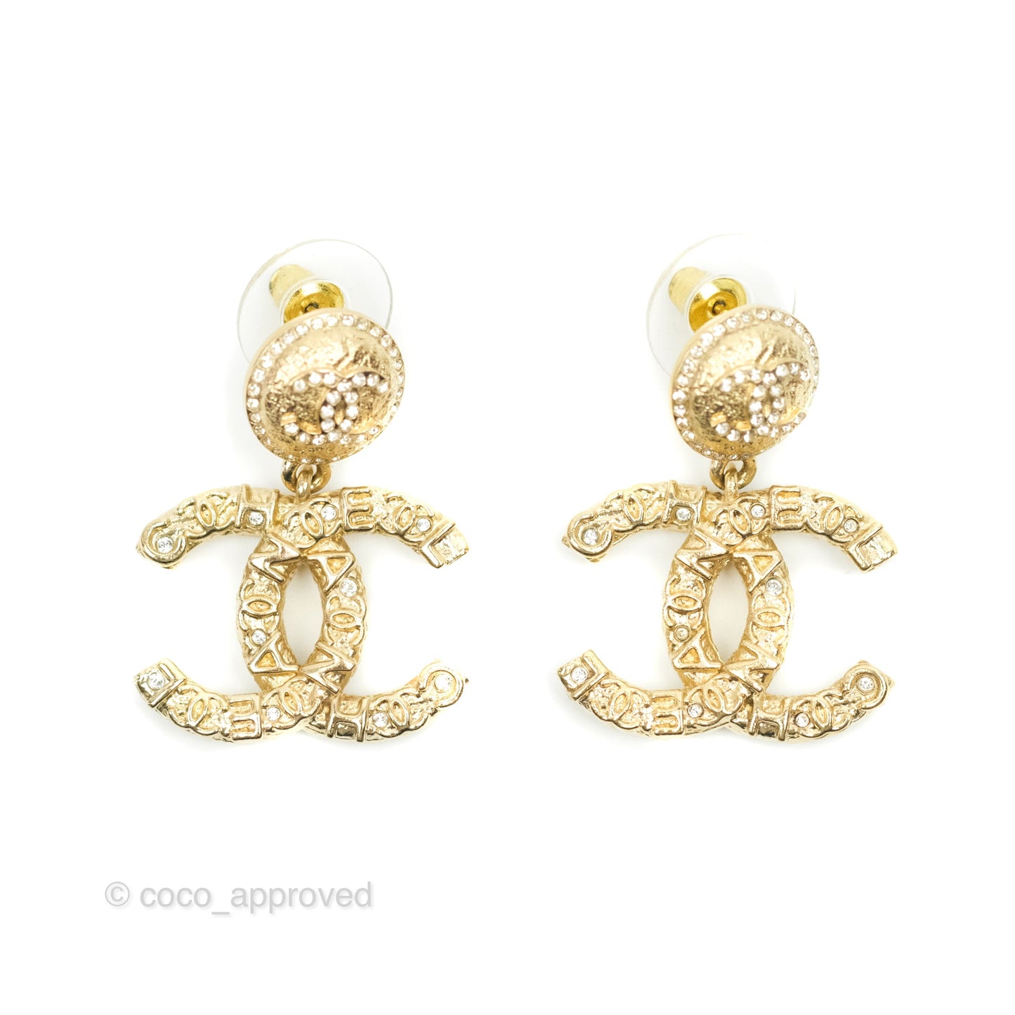 Chanel CC Crystal Drop Earrings Gold Tone 21P
