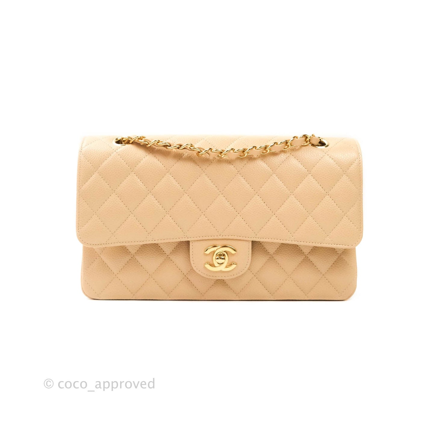 Chanel Classic M/L Medium Double Flap Bag Beige Caviar Gold Hardware