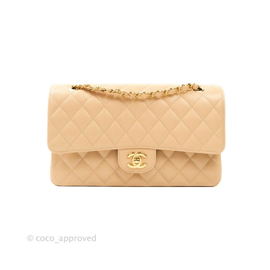 Chanel Classic M/L Medium Double Flap Bag Beige Caviar Gold Hardware