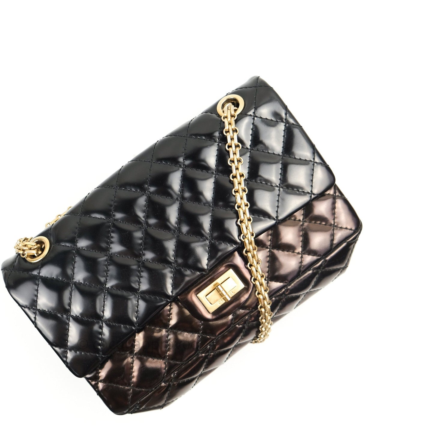 Chanel Quilted Accordion Reissue Black Patent Leather Gold Hardware 2.55 Flap