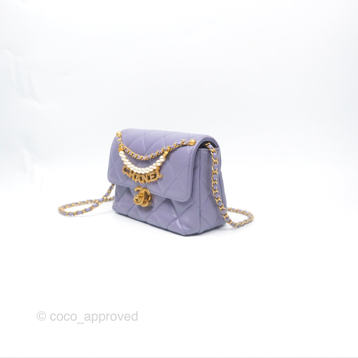 Chanel Crystal Pearl Chain Mini Flap Bag Purple Lambskin Aged Gold Hardware