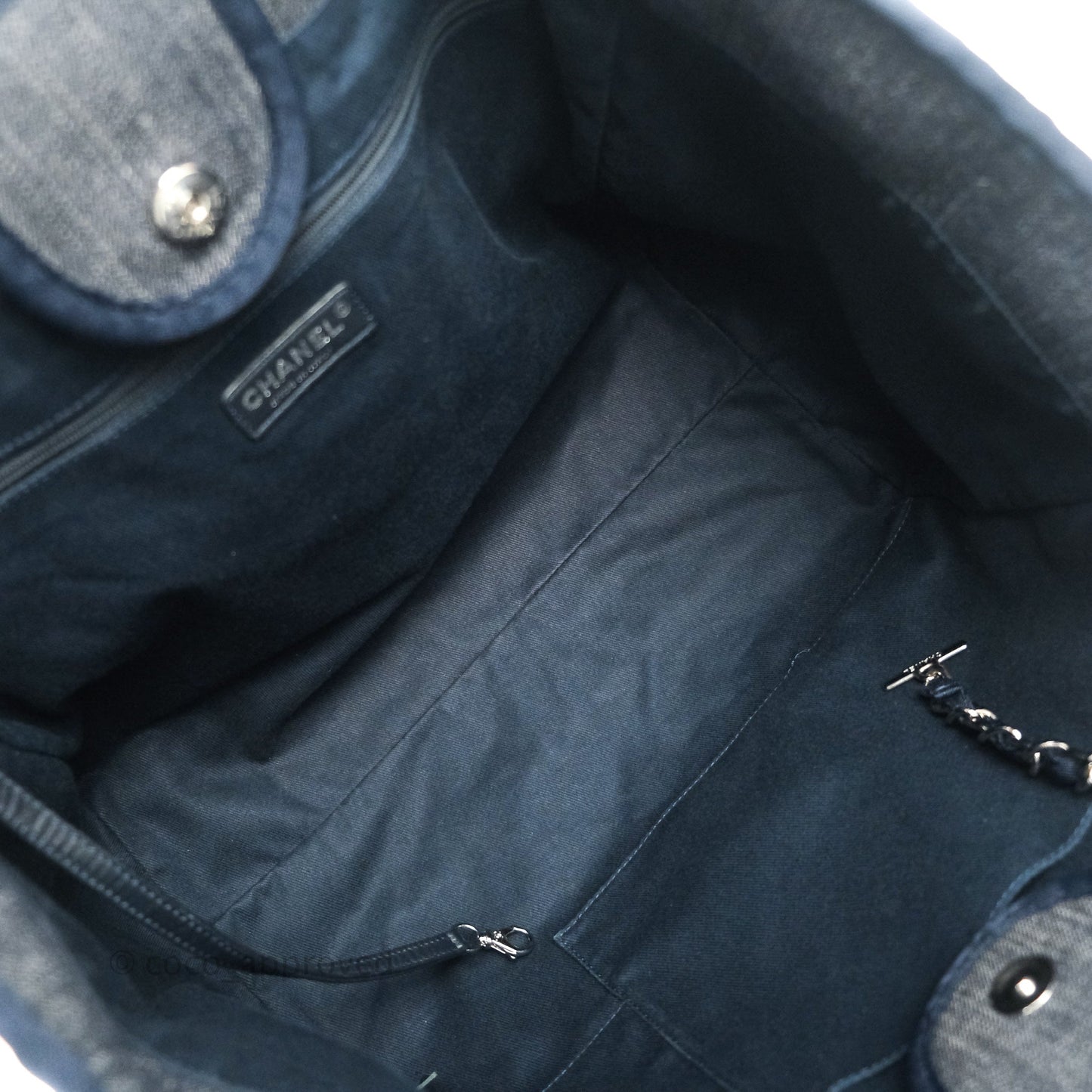 Chanel Large Denim Deauville Tote Bag Navy Silver Tone