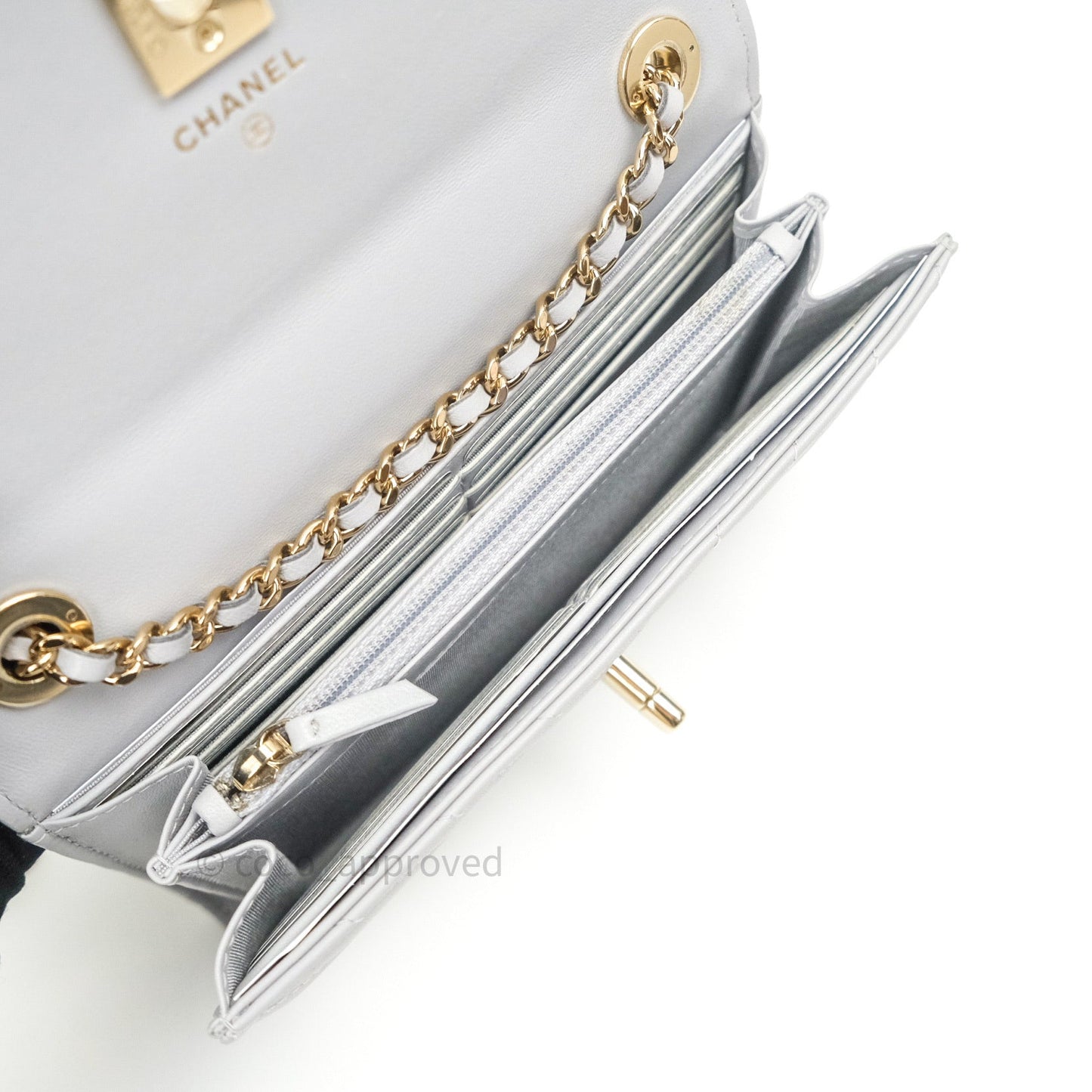 Chanel Mini Trendy CC Wallet On Chain WOC Lambskin Chevron Grey Gold Hardware