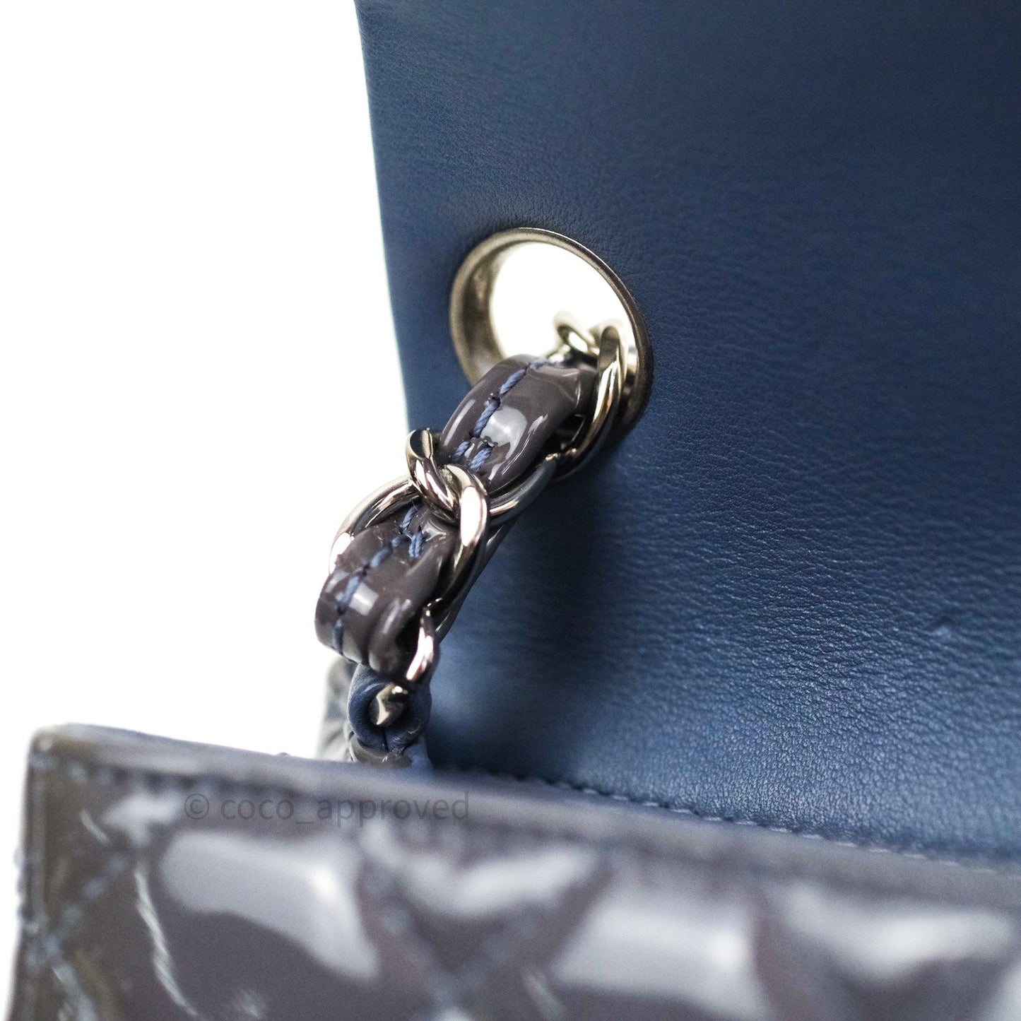 Chanel Mini Square Grey Patent Leather Silver Hardware
