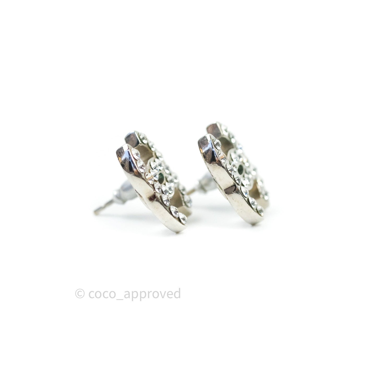 Chanel Crystal CC Earrings Silver Tone