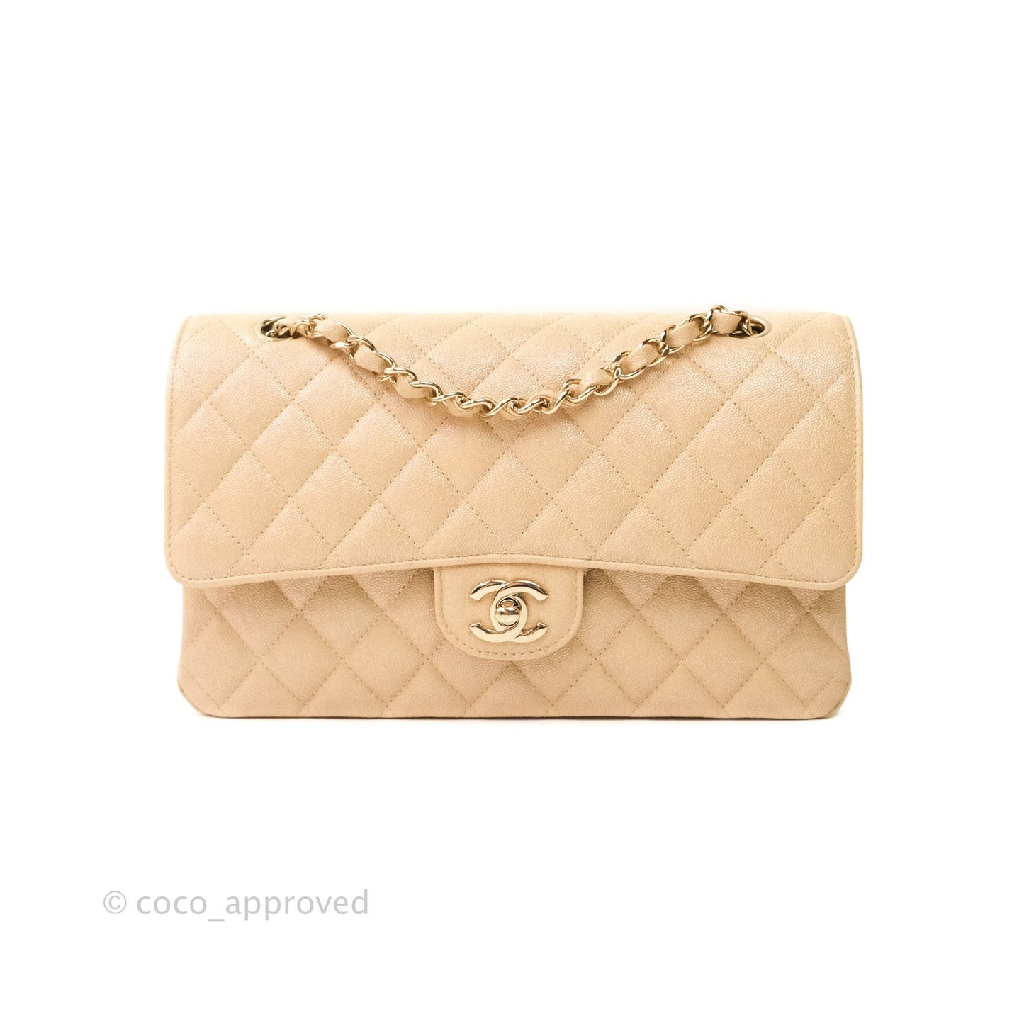 Chanel Classic M/L Medium Double Flap Iridescent Beige Caviar Gold Hardware 19S