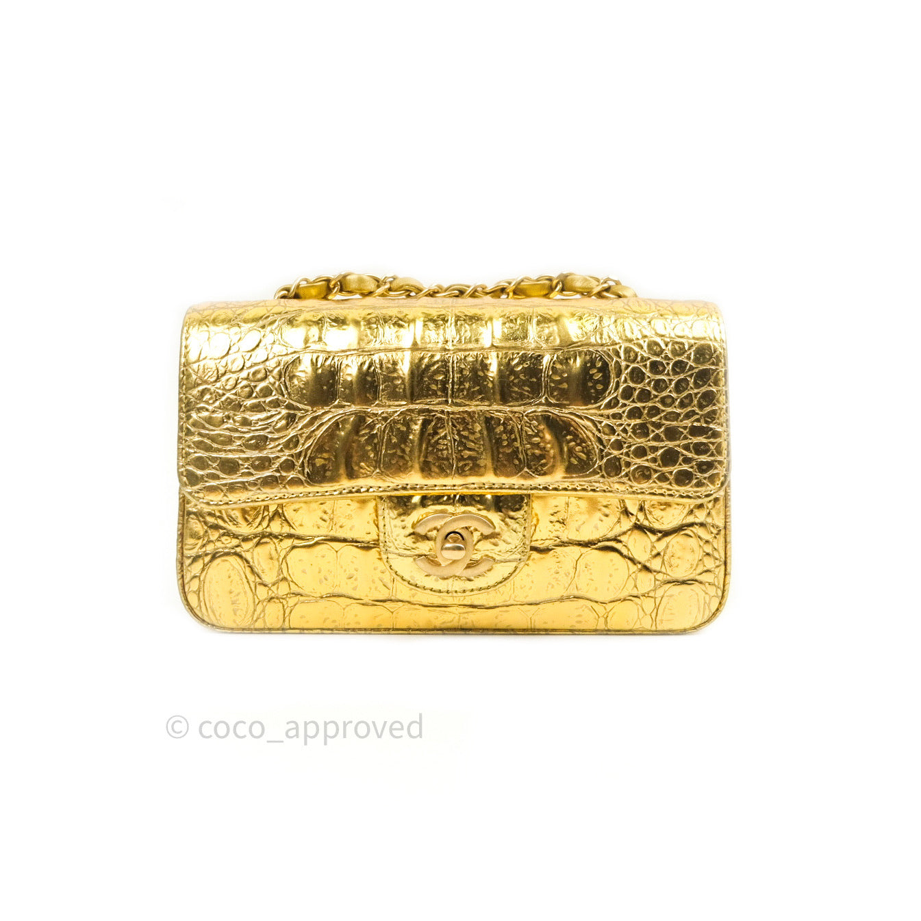 Chanel Gold Metallic Calfskin Crocodile Embossed Rectangular Mini Flap