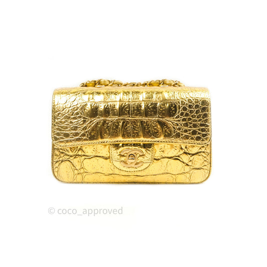 Chanel Gold Metallic Calfskin Crocodile Embossed Rectangular Mini Flap