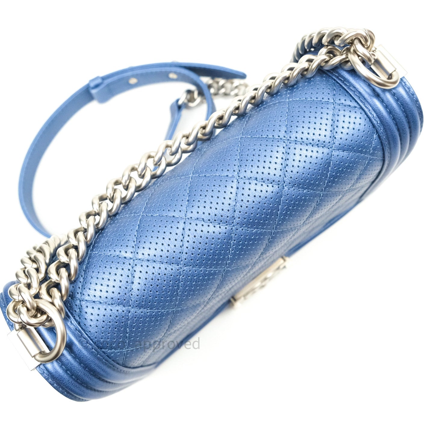Chanel Boy Medium Blue Metallic Calfskin Perforated Silver Hardware