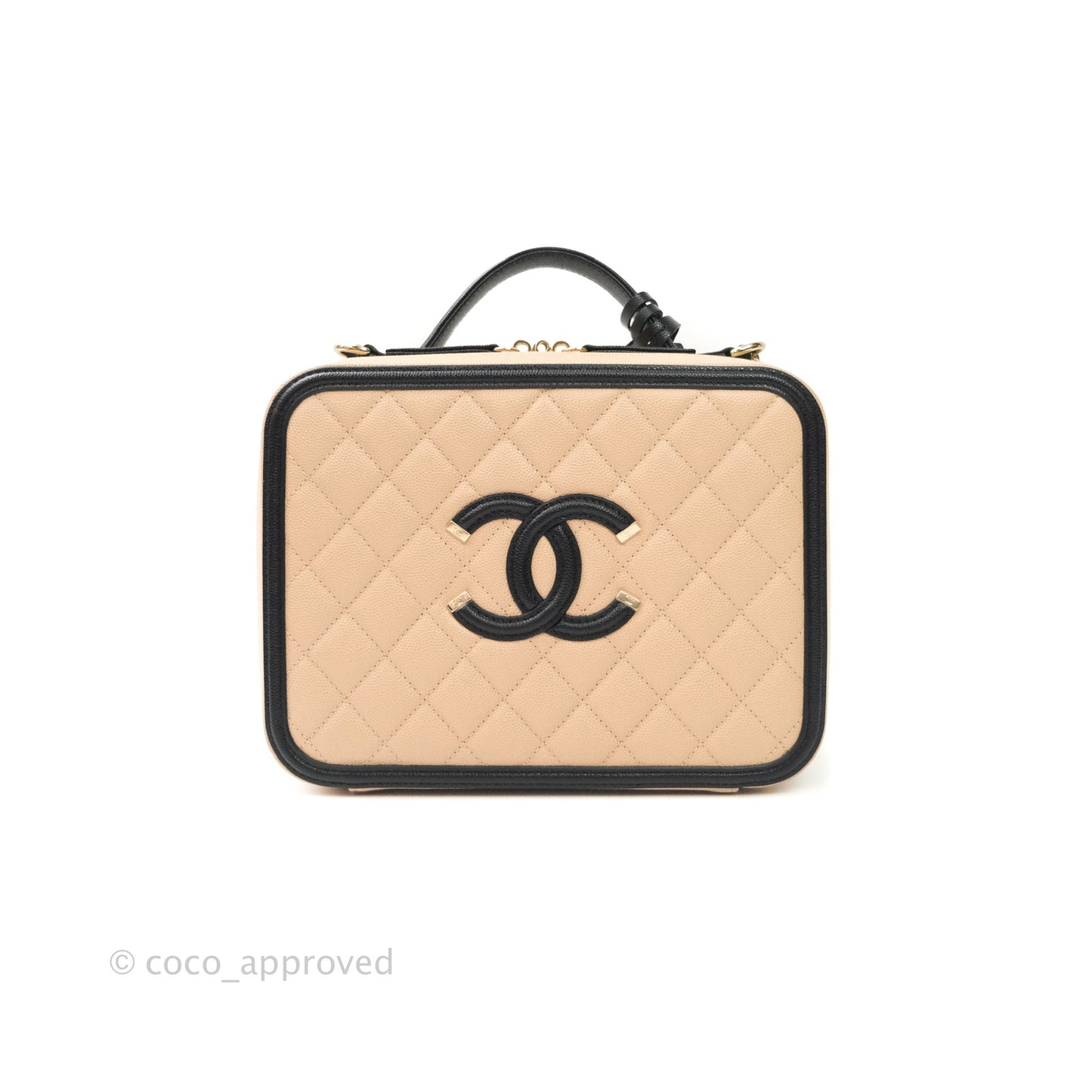 Chanel Quilted Large CC Filigree Vanity Case Beige Black Caviar