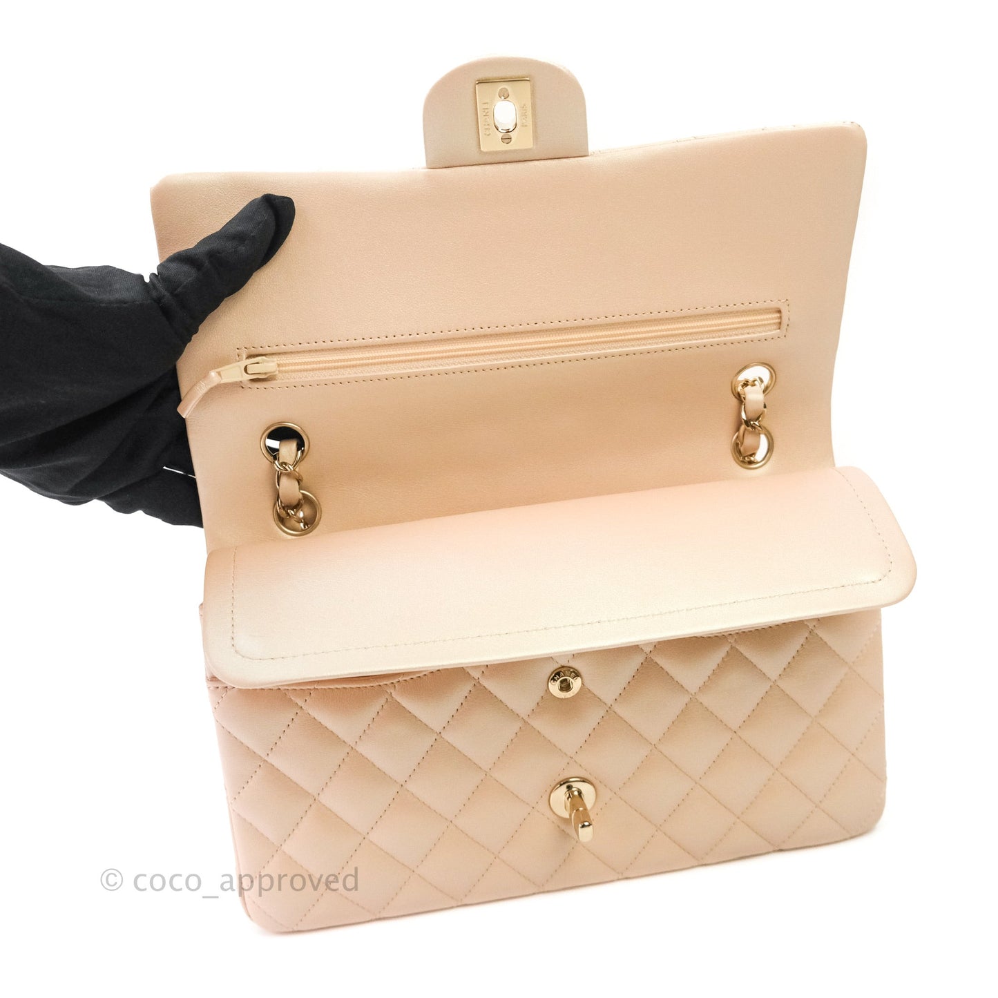 Chanel M/L Medium Double Flap Bag Iridescent Beige Calfskin Gold Hardware 21S