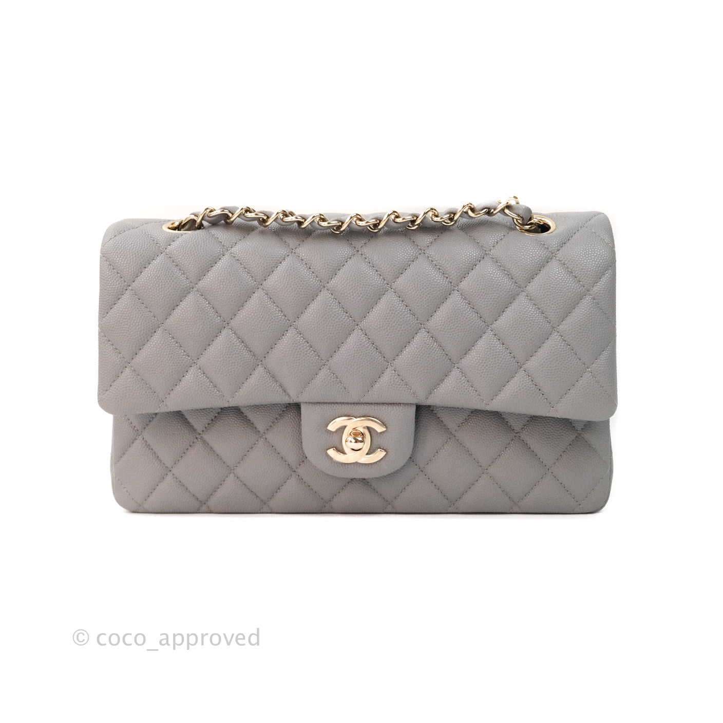 Chanel Classic M/L Medium Double Flap Quilted Grey Caviar Gold Hardware 20C