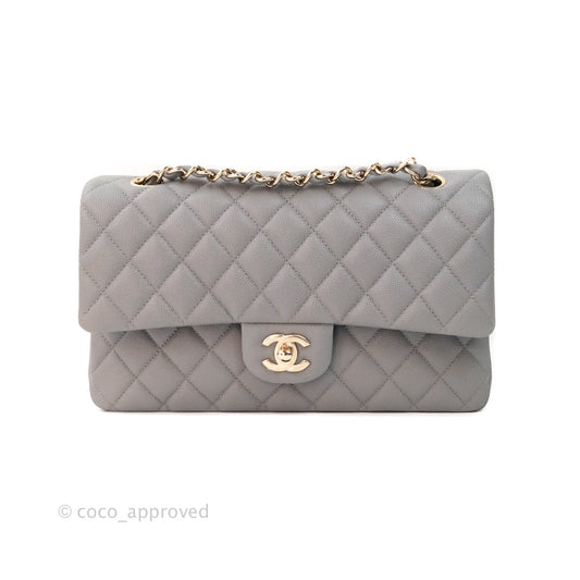 Chanel Classic M/L Medium Double Flap Quilted Grey Caviar Gold Hardware 20C