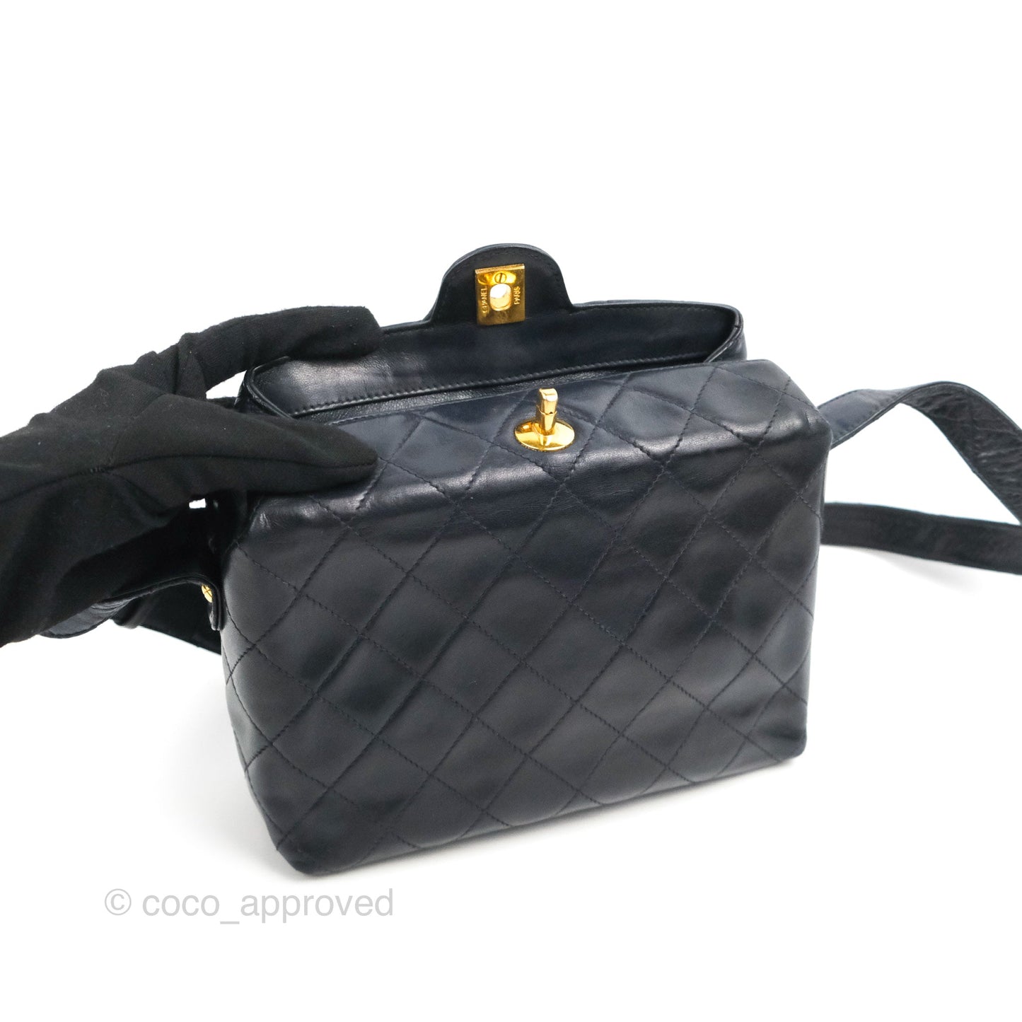 Chanel Vintage CC Box Shoulder Bag Navy Lambskin Gold Hardware