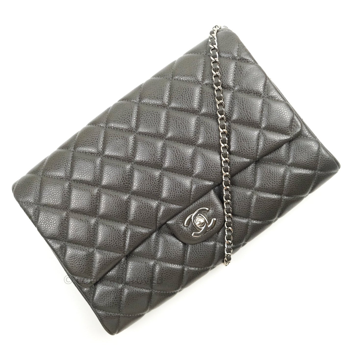 Chanel Quilted Clutch with Chain Dark Grey Caviar Leather Silver Hardware