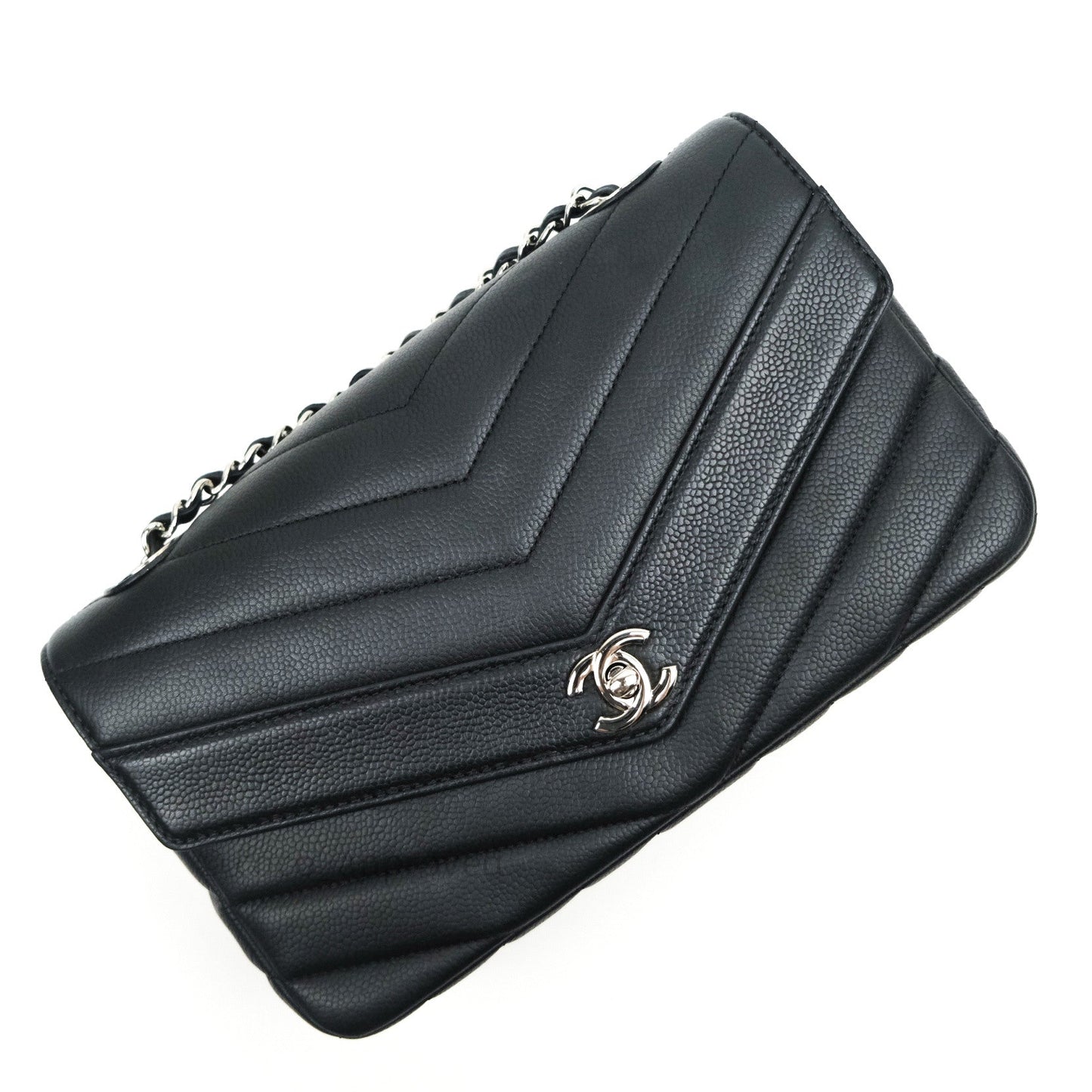 Chanel Medium Chevron Grained Calfskin Black Silver Hardware