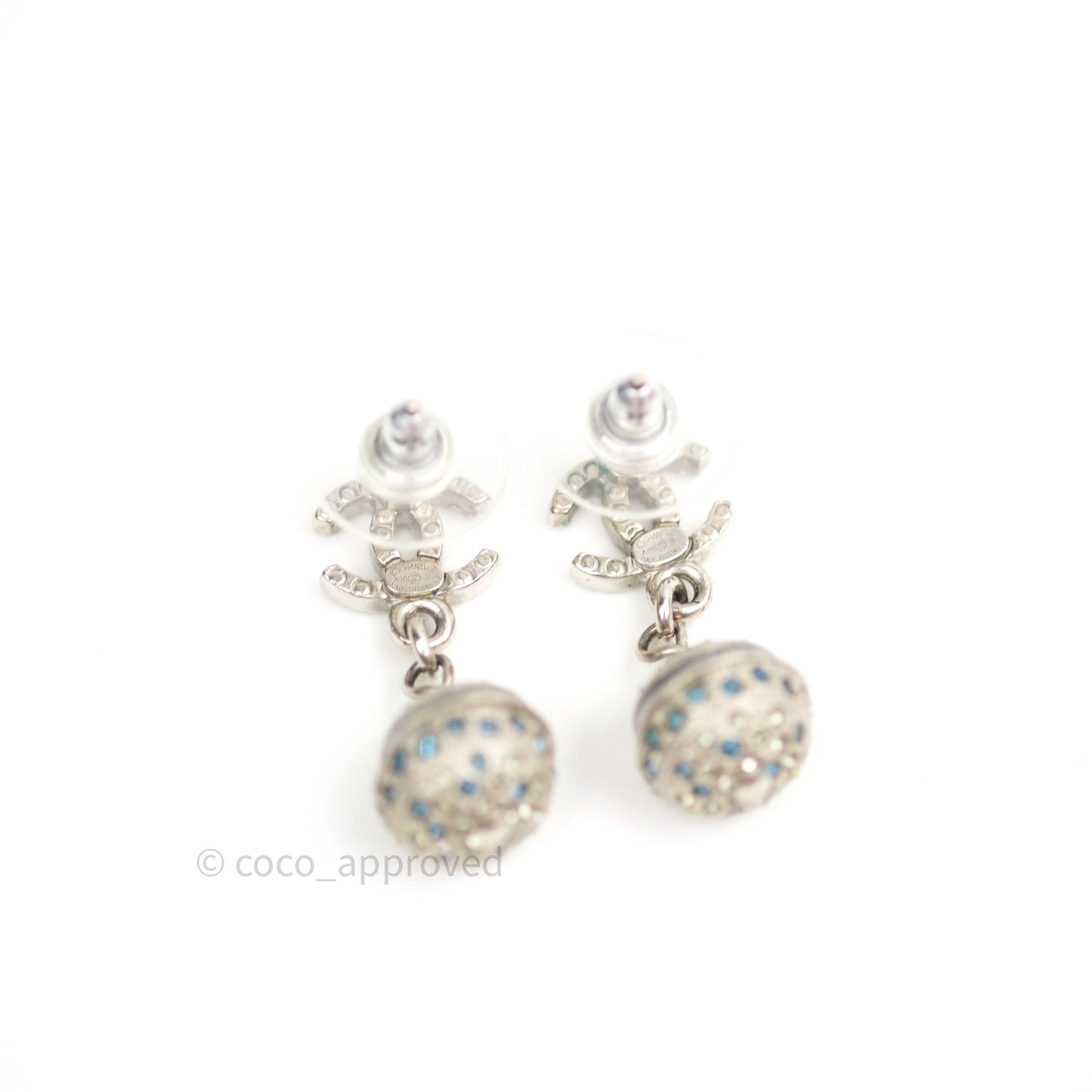 Chanel CC Drop Earrings Crystal Silver