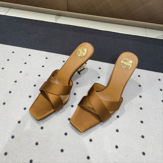 Luxury Saint Laurent OPYUM HIGH MULES IN BROWNIE SILK