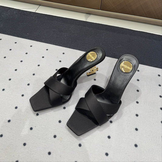 Luxury Saint Laurent OPYUM HIGH MULES IN BLACK SILK