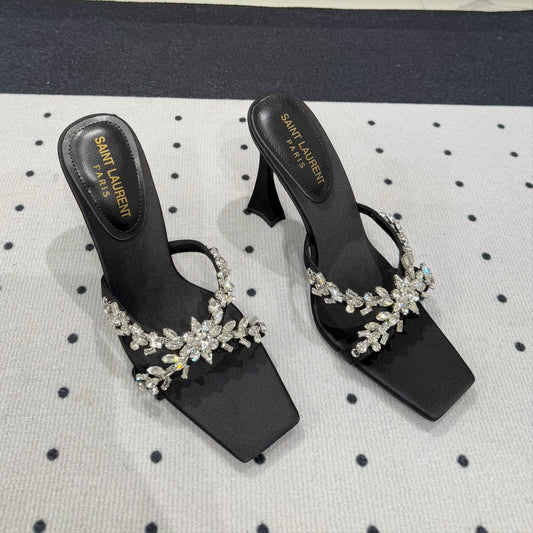 Luxury Saint Laurent HIGH RHINESTONE CROSS STRAP MULES IN BLACK SILK