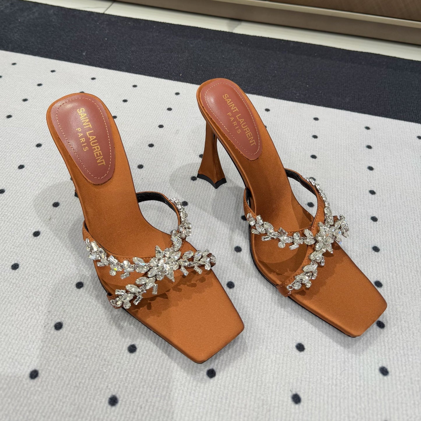 Luxury Saint Laurent HIGH RHINESTONE CROSS STRAP MULES IN BRONZE BROWN SILK