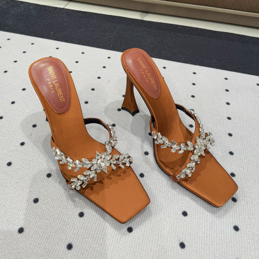 Luxury Saint Laurent HIGH RHINESTONE CROSS STRAP MULES IN BRONZE BROWN SILK