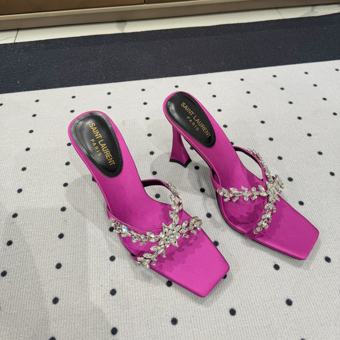 Luxury Saint Laurent HIGH RHINESTONE CROSS STRAP MULES IN MAGENTA PINK SILK