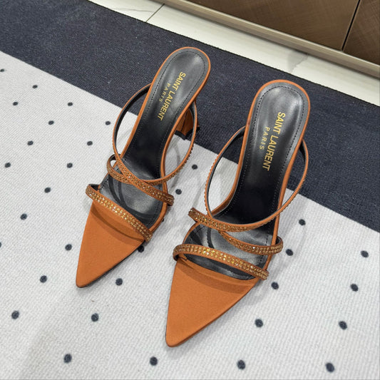 Luxury Saint Laurent HIGH CRYSTAL STRAP SANDALS IN SANDSTONE SILK