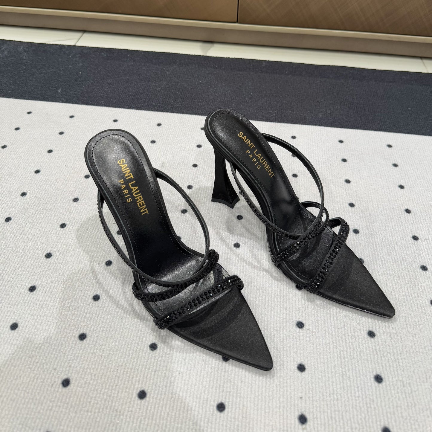 Luxury Saint Laurent HIGH CRYSTAL STRAP SANDALS IN BLACK SILK