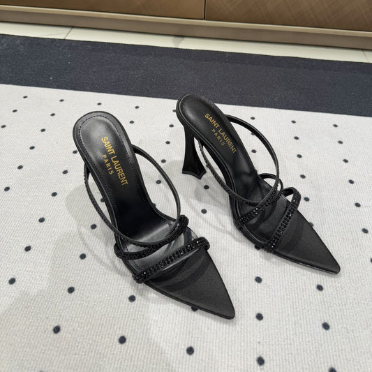 Luxury Saint Laurent HIGH CRYSTAL STRAP SANDALS IN BLACK SILK