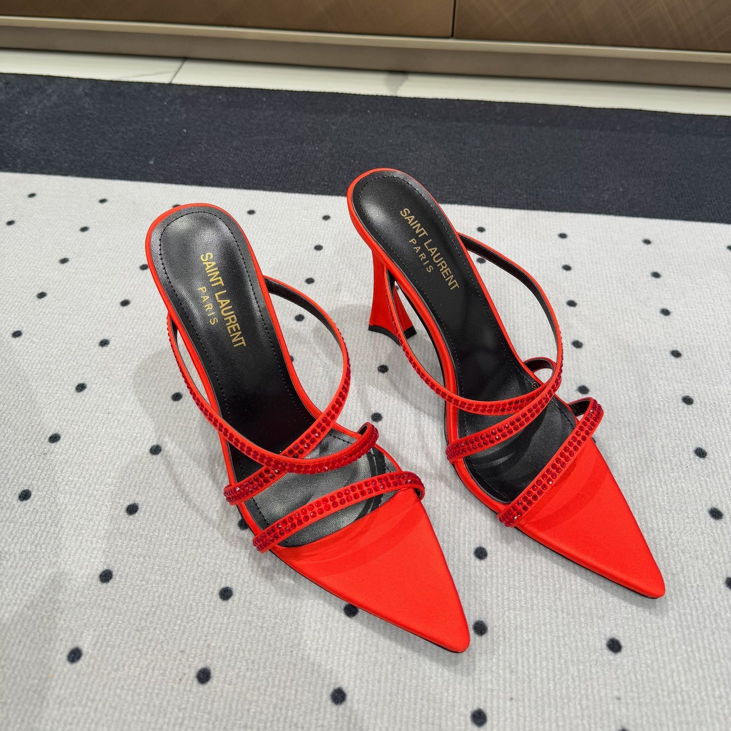 Luxury Saint Laurent HIGH CRYSTAL STRAP SANDALS IN RED SILK
