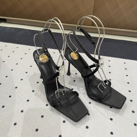 Luxury Saint Laurent HIGH HEEL SANDALS IN BLACK SILK WTH STRAPS ATTACHED GEM
