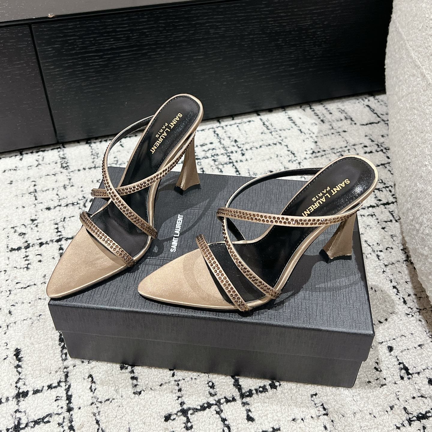 Luxury Saint Laurent HIGH CRYSTAL STRAP SANDALS IN BOUTIQUE BEIGE SILK