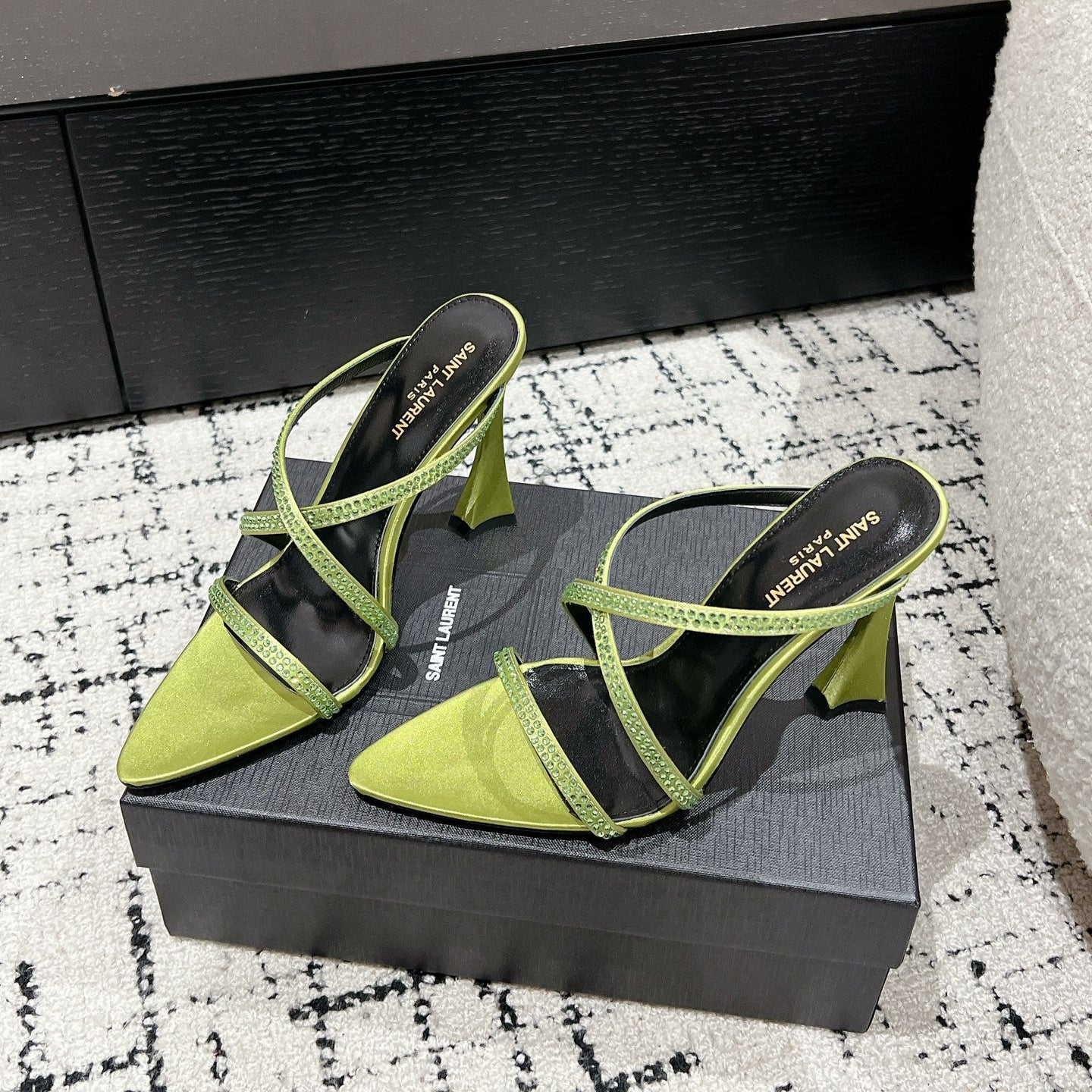 Luxury Saint Laurent HIGH CRYSTAL STRAP SANDALS IN PEAR GREEN SILK