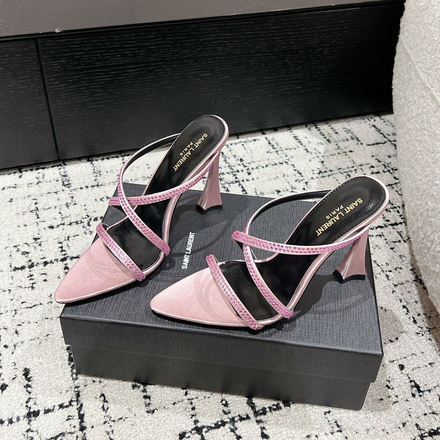 Luxury Saint Laurent HIGH CRYSTAL STRAP SANDALS IN LIGHT PINK SILK