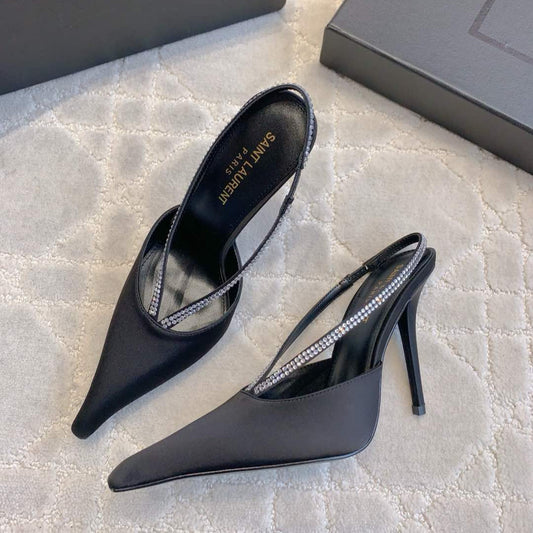 Luxury Saint Laurent AMANDA SLINGBACK PUMPS IN BLACK SILK WITH RHINESTONES