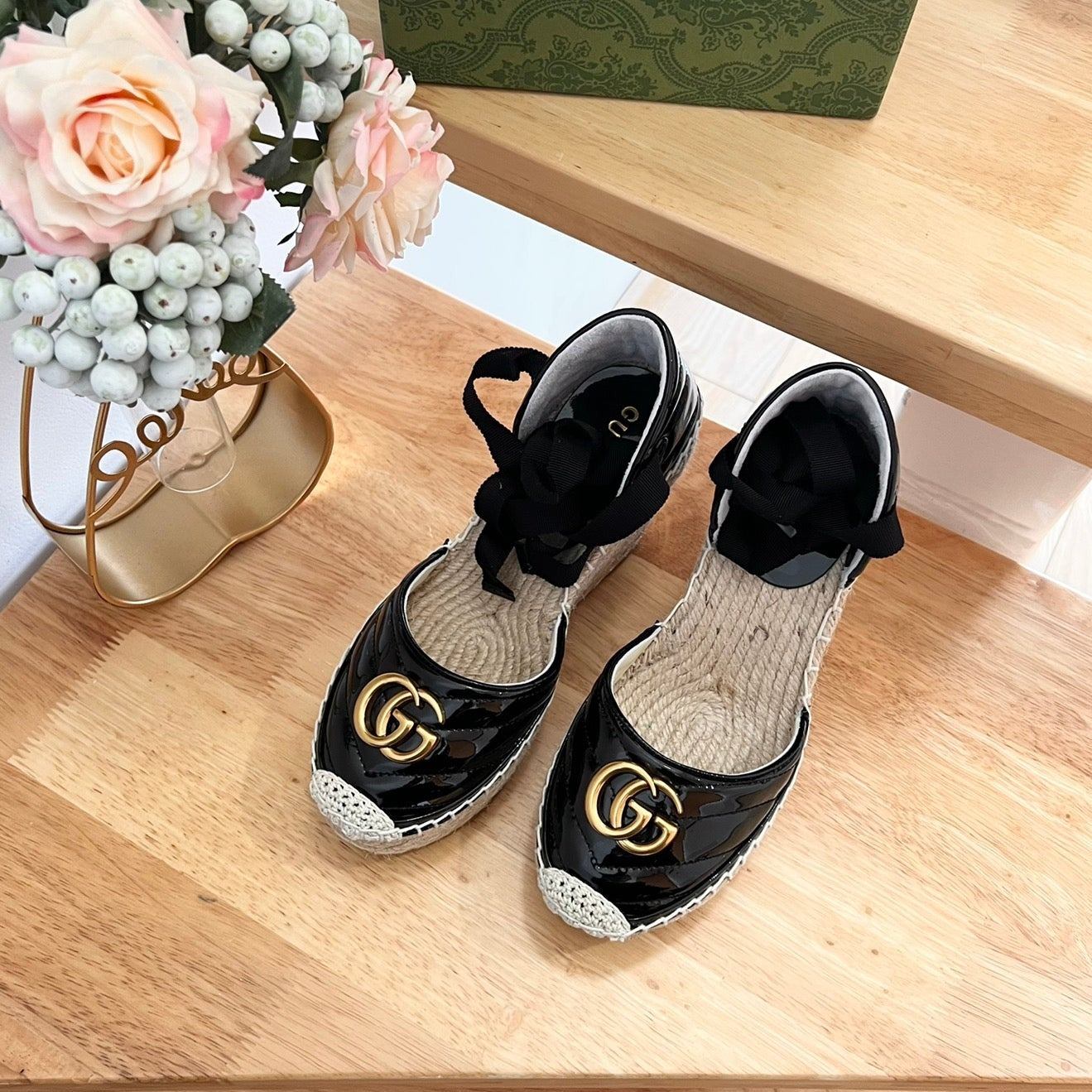 Luxury Gucci GG  Crochet platform Espadrilles Blush Black