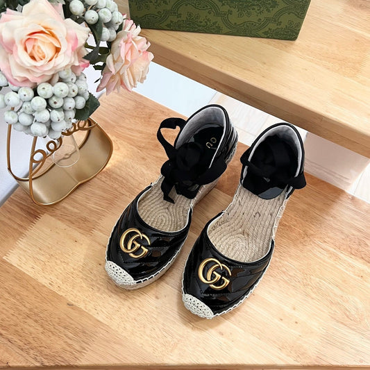 Luxury Gucci GG  Crochet platform Espadrilles Blush Black