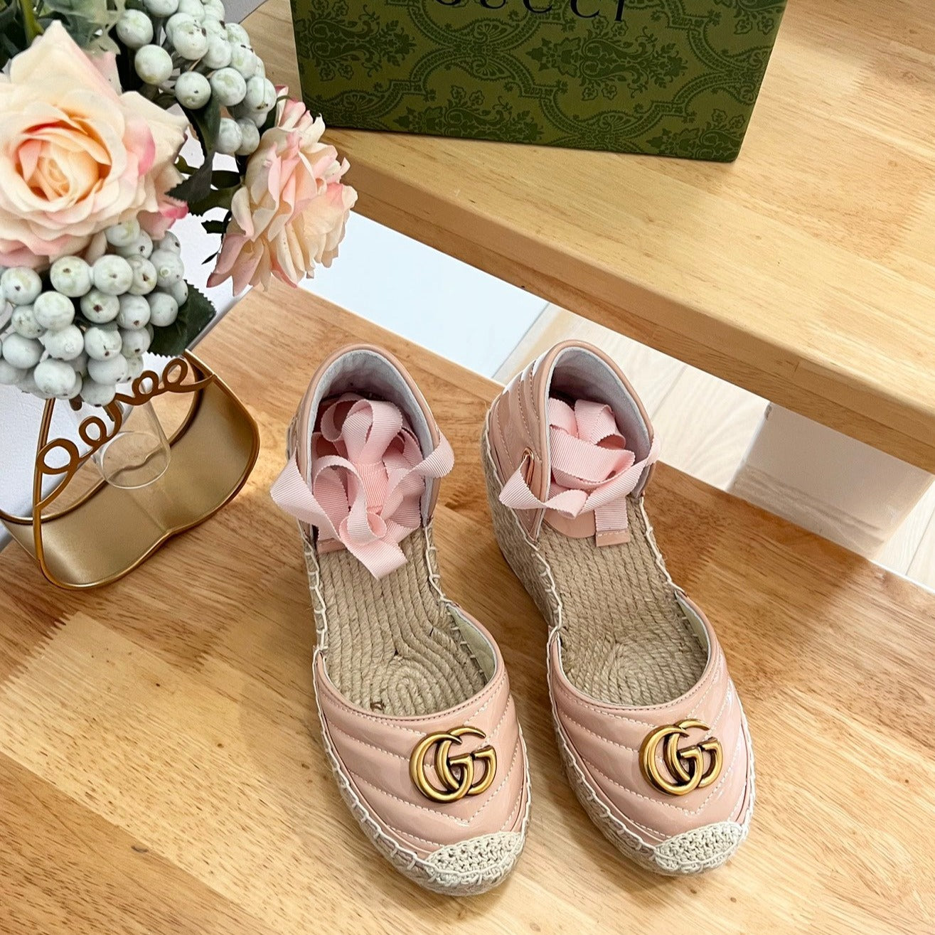 Luxury Gucci GG  Crochet platform Espadrilles Blush Pink