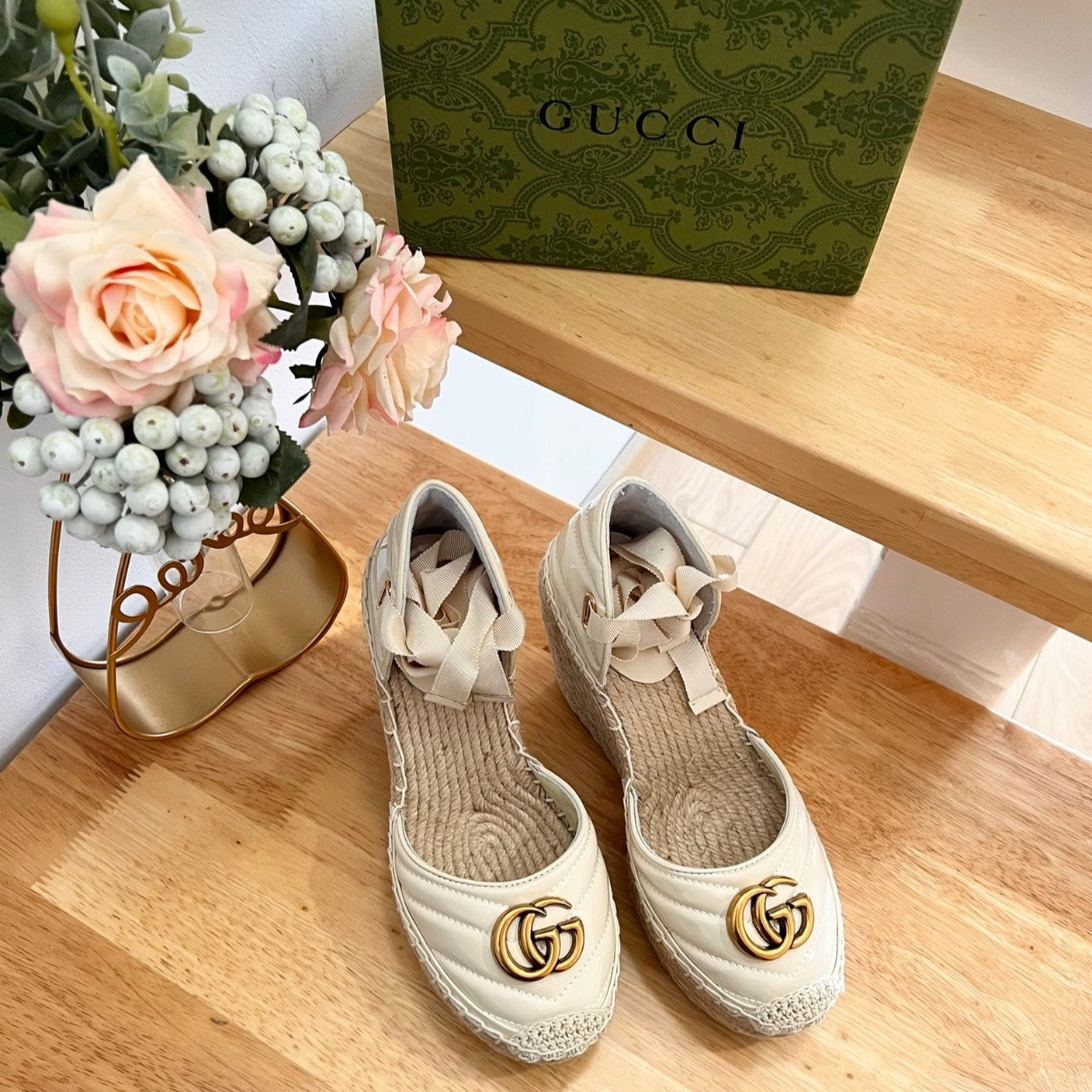 Luxury Gucci GG  Crochet platform Espadrilles White