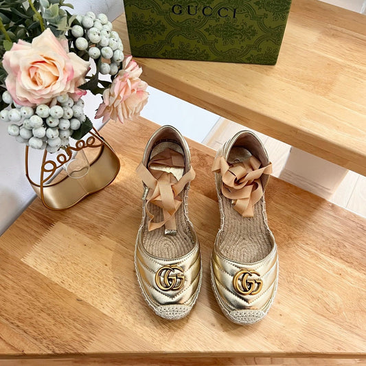 Luxury Gucci GG  Crochet platform Espadrilles Rose Tan Leather
