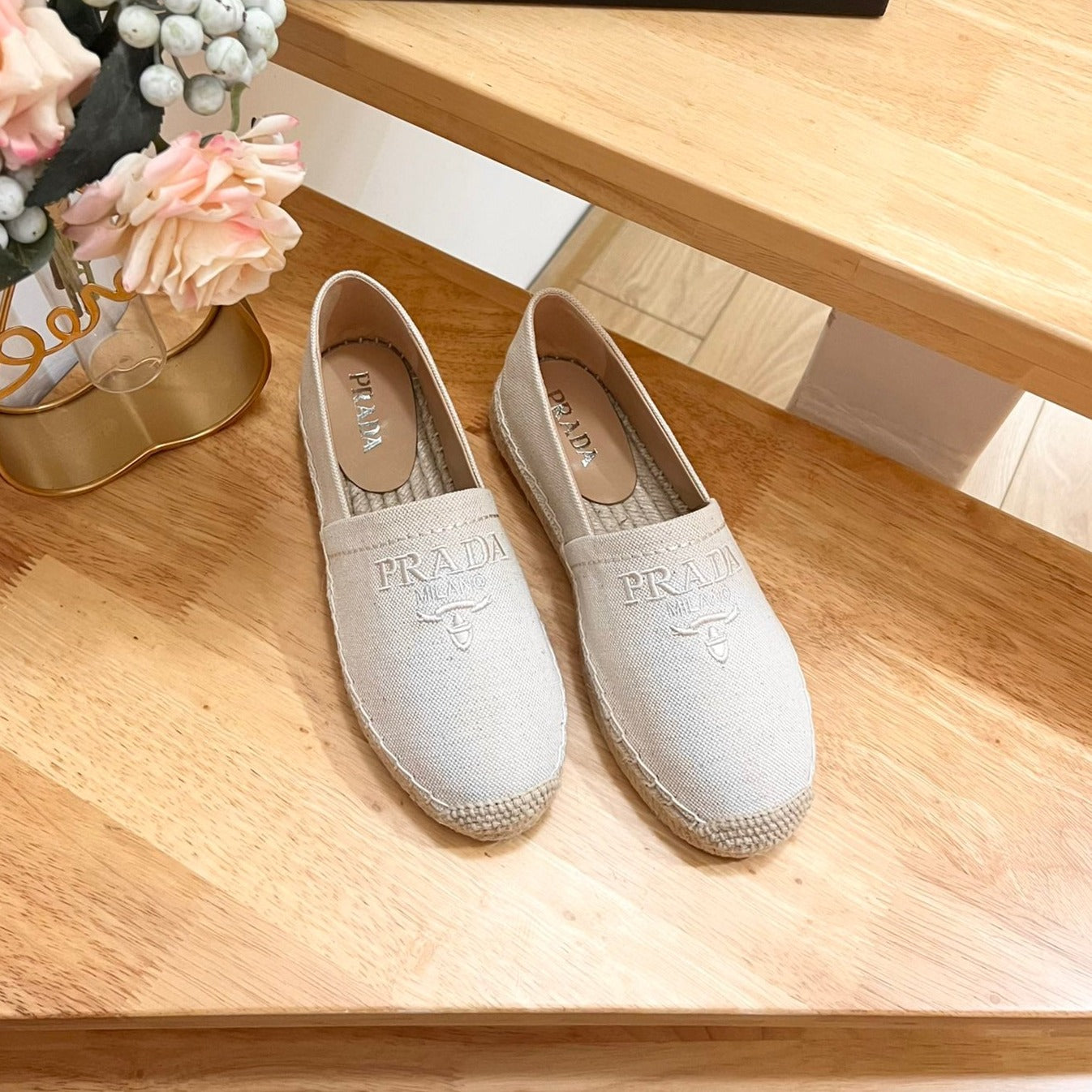 Luxury PradaESPADRILLES LOAFERS CREAMY WHITE LINEN FABRIC