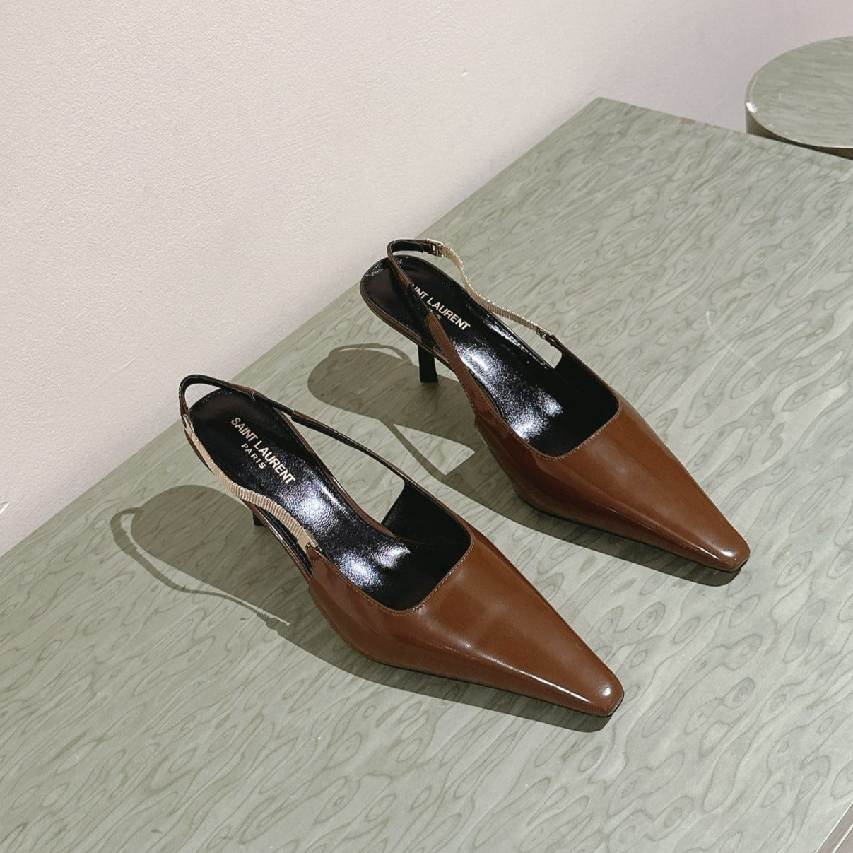 Luxury Saint Laurent BLAKE SLINGBACK PUMPS 80 IN BROWN PATENT LEATHER