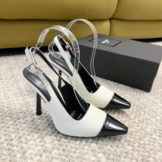 Luxury Saint Laurent SL CAP-TOE SLINGBACKS WHITE CANVAS AND BLACK CALFSKIN