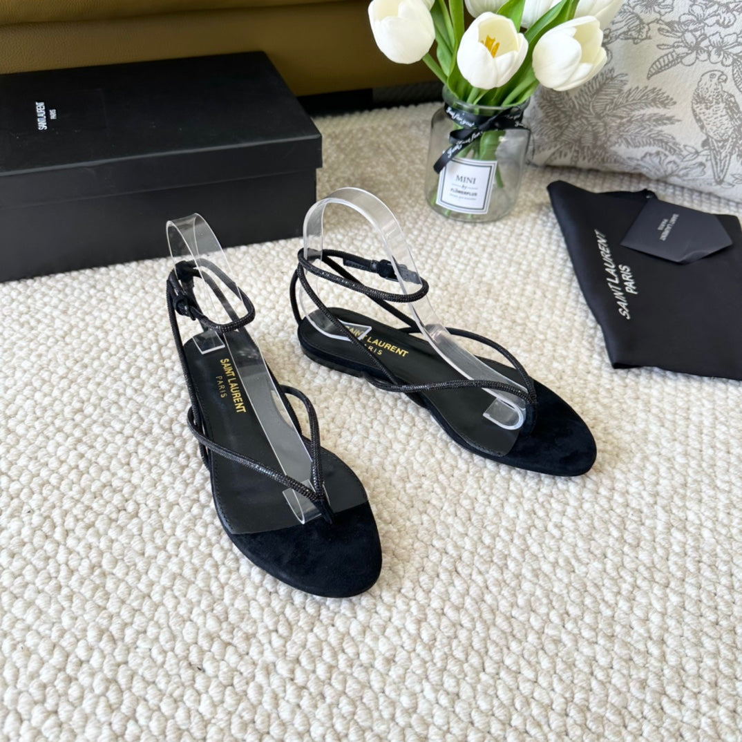 Luxury Saint Laurent SL CRYSTAL FLAT SANDALS BLACK SUEDE