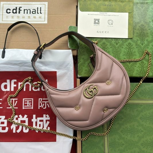 Luxury Gucci gg marmont half-moon shaped 21cm nude calfskin gold hardware