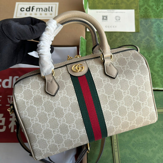 Luxury Gucci OPHIDIA SMALL TOP HANDLE BAG 26 IN BEIGE WHITE CANVAS AND OAT CALFSKIN TRIM GOLD HARDWARE