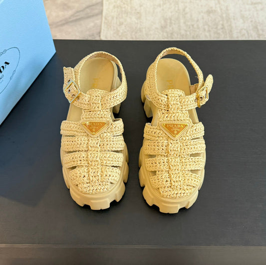 Luxury PradaMONOLITH CROCHET CAGE SANDALS PASTEL YELLOW LAMBSKIN