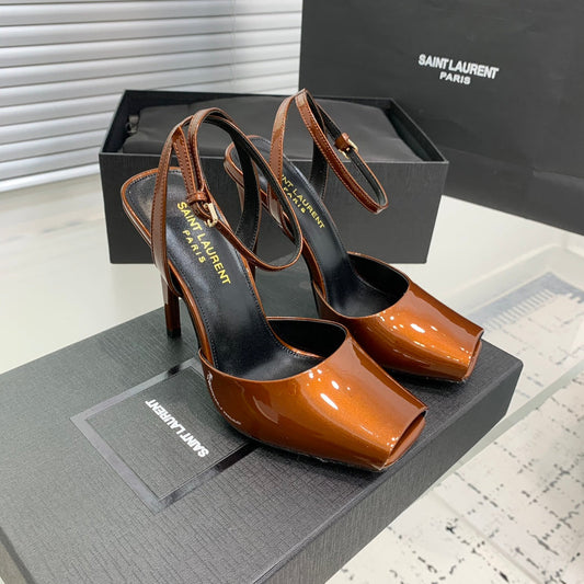 Luxury Saint Laurent SL FISH MOUTH SANDAL PUMP OCHRE POLISHED CALFSKIN